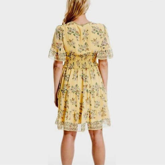 Max Studio Yellow Floral Flutter Sleeve Wrap Midi Dress, Size Medium - Picture 3 of 6